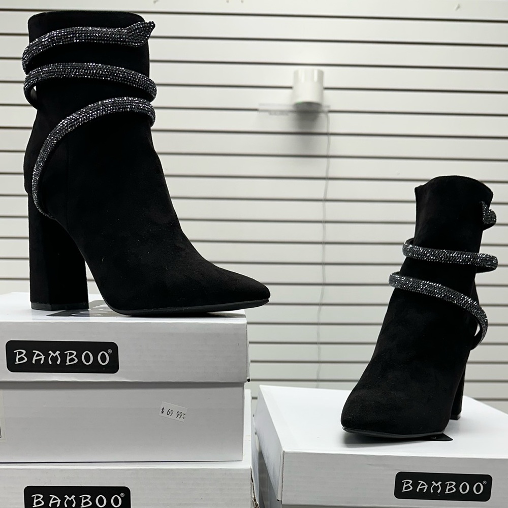 Black Heel Boots - faux suede Comfortable - Harper - Double Ankle Chains